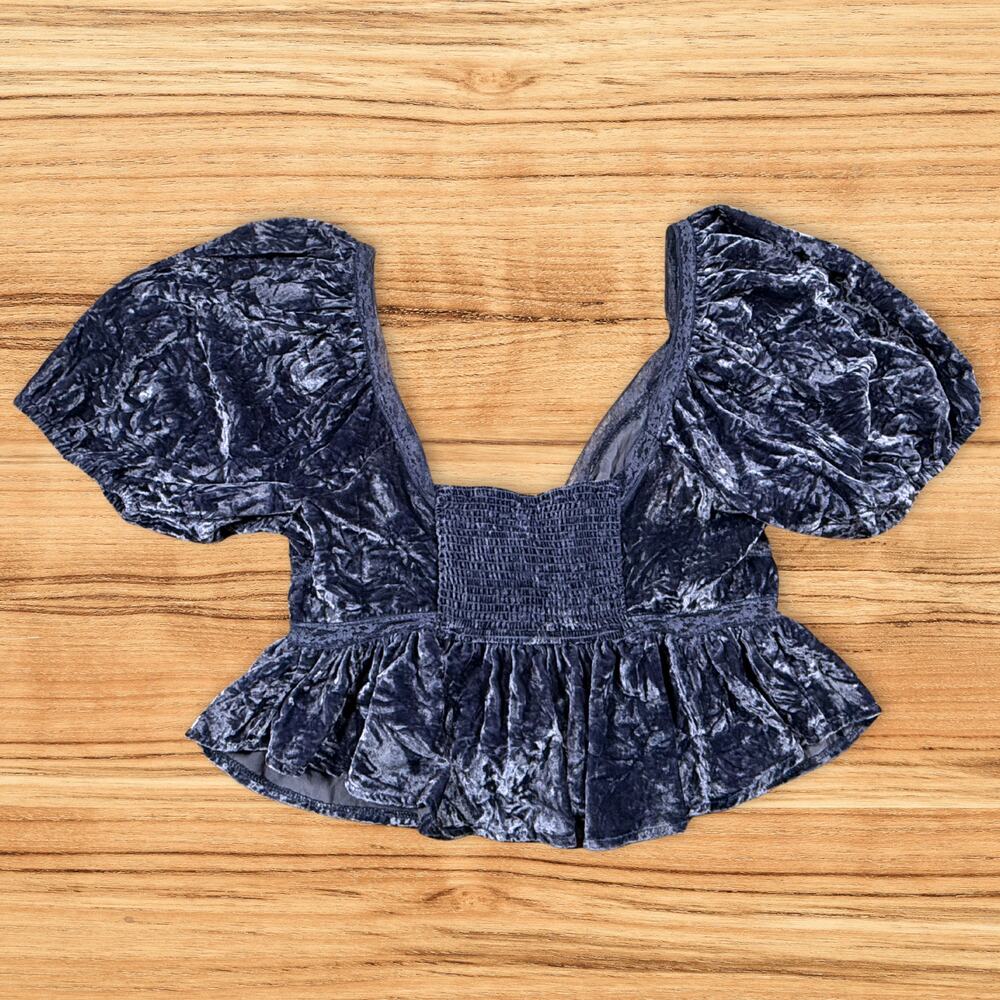 Free People Yours Truly Crushed Velvet Peplum Puff Sleeve Top Blue Size Medium - Picture 3 of 9